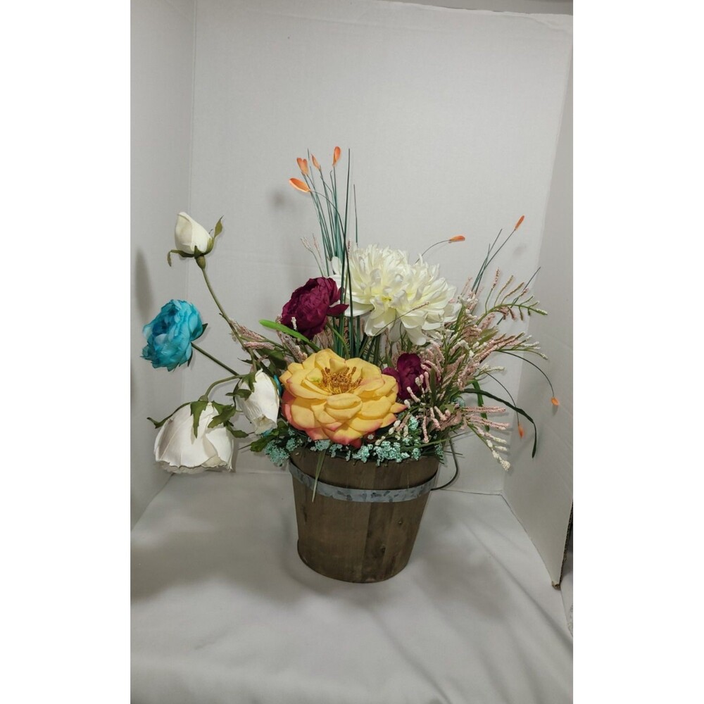 Faux Floral Arrangement in Decorative Farmhouse Bucket Rustic Charm
